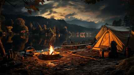 Fototapeta na wymiar Aspect ratio 16:9 camping in a hut or tent amidst the atmosphere of lakes, forests and valleys in summer or winter.