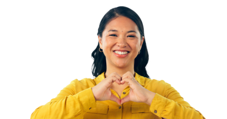 Heart, hands and portrait of woman for peace, vote and feedback or isolated on transparent png background. Asian female person, smile and love emoji for kindness, romance and gratitude or thank you
