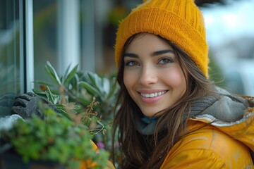 Portrait of a smiling woman in a yellow beanie by a window with plants.