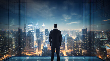 Businessman looking out of a window and looking at the city,,
A man stands on a ledge looking at a cityscape