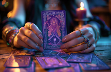 Womans hands holding oracle tarot cards in purple tones with a mystical vibe. Image for fortune telling and mediumship. A candle lit in the background. - obrazy, fototapety, plakaty