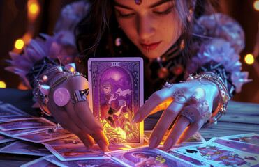 Woman holding oracle tarot cards in purple tones with a mystical vibe. Image for fortune telling and mediumship. A candle lit in the background. - obrazy, fototapety, plakaty