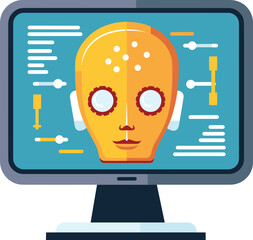 Stylized computer monitor displaying humanoid robot head, AI concept. Artificial intelligence machine learning vector illustration