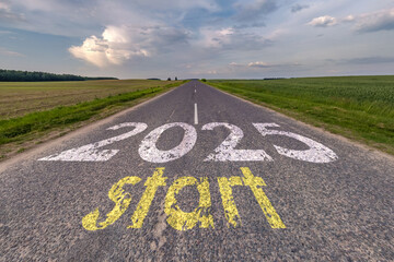 numbers 2025 go and start on asphalt road with cracks highway with sunrise or sunset sky background. concept of destination in future, freedom, work start, run, planning, challenge, target, new year