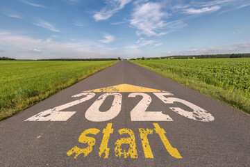 numbers 2025 go and start on asphalt road highway with sunrise or sunset sky background. concept of destination in future, freedom, work start, run, planning, challenge, target, new year