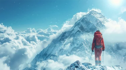 Gordijnen Person on a top of snow mountain vector © Alghas