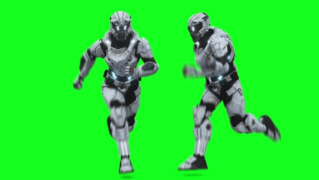 Military futuristic cyborg, robot. Realistic 4k green screen animation.