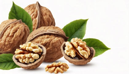Fresh walnuts isolated on white background with copy space
