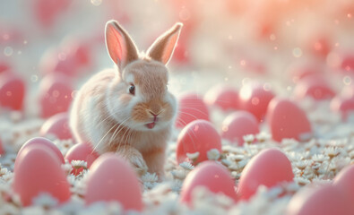 Cute fluffy bunny on a pink background. Bunny and Easter eggs. Spring mood.