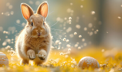 Fototapeta na wymiar Cute fluffy bunny jumps forward. Bunny and Easter eggs on a bright background. Spring mood.