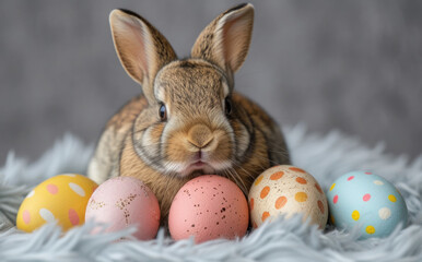 Fototapeta na wymiar Cute fluffy bunny with Easter eggs. Spring holiday.