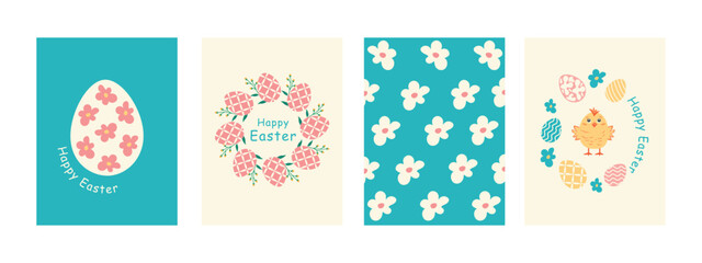 Set of Easter cards on a blue and beige background. Easter eggs, Easter wreath and Happy Easter inscription. Vector illustration eps 10