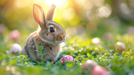 Fototapeta na wymiar Cute fluffy bunny among green spring grass and Easter eggs. Spring mood. Christ is risen.