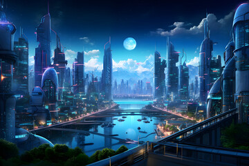 Luminous Spheroid Cityscape: A Harmony of Past and Future Architectural Design in Night Illumination.