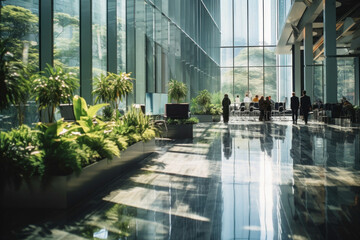 Corporate luxury modern interior. Business open space. Hotel lobby. Business people walking in modern glass company office building. High glass walls - 737140938