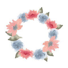 Watercolor abstract flowers wreath. Blue and pink floral arrangement with green leaves for invitation, label, logo ,greeting card design