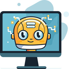 Cute robot face computer screen friendly eyes. Digital assistant artificial intelligence concept vector illustration