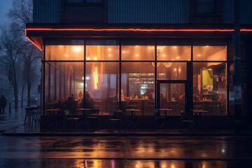 People sitting in coffee shop at night on rainy evening. Exterior of restaurant with large front store windows. Small business. Coffee house at night - 737141193