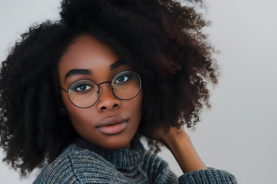 Closeup portrait of beautiful African American woman wearing eyeglasses isolated on white background