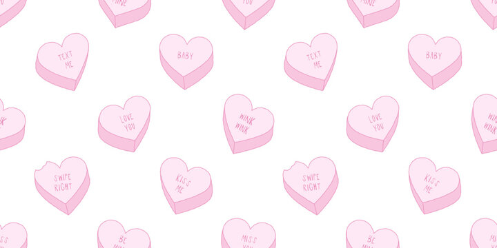 Pink heart candy seamless pattern illustration. Cute love quote hearts background print. Valentine's day holiday backdrop texture, romantic wedding design. Pastel color sweet with funny message.
