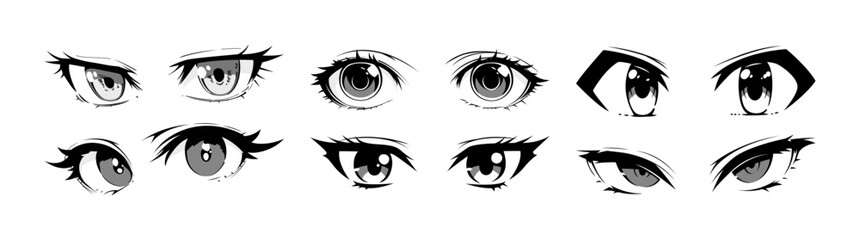 Japenese anime eye close up set on isolated background. Black and white manga cartoon character, animation art style bundle. Trendy Y2K eyes, facial expression graphic, diverse comic book people.