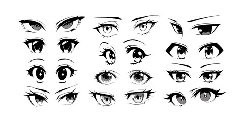 Japenese anime eye close up set on isolated background. Black and white manga cartoon character, animation art style bundle. Trendy Y2K eyes, facial expression graphic, diverse comic book people. - obrazy, fototapety, plakaty