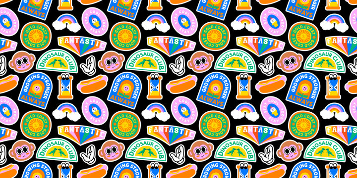 Funny retro text quote sticker seamless pattern. Colorful vintage style typography sign background. Fun repeat texture print with slang lettering, comic word icon.