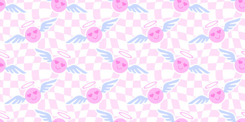Funny happy face in love cartoon seamless pattern. Retro checkered pink smile icon background texture for valentine's day romantic holiday. Trendy wavy checker board doodle wallpaper.
