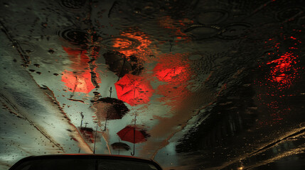 Raindrops on the windshield of a car at night in the rain