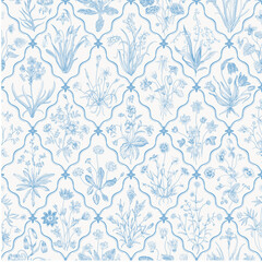 Millefleurs. Seamless pattern. Vintage vector botanical illustration. Blue and white