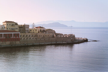 Venetian embankment in the old harbor of Chania in Greece on the island of Crete
