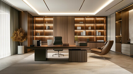 Elegant and minimalist office interior. Luxurious executive office with walnut wood paneling. - obrazy, fototapety, plakaty