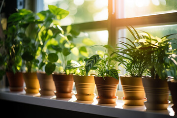 Indoor plants in pots. Chamaedorea, Aloe, Haworthia. Eco house. Green corner. Houseplants background