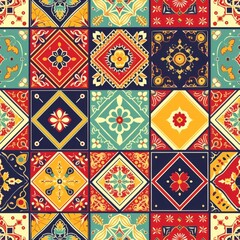 Assorted Patchwork of Latin Cultural Patterns in Bold Colors.