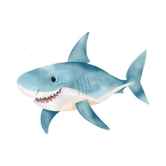 Vector watercolour shark isolated in white background. Cute shark clip art for children's books