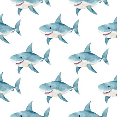 Vector seamless pattern with shark in watercolour style. Children's print design, fabric, wrapping paper, covers