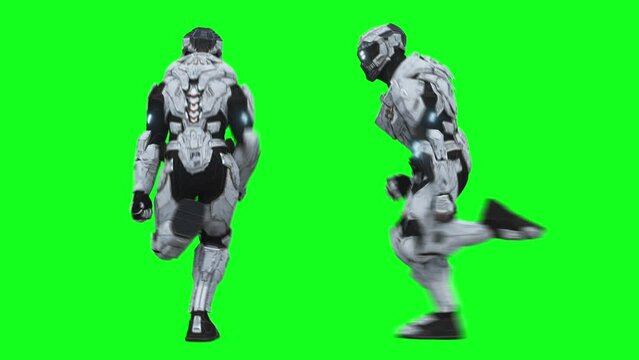 Military futuristic cyborg, robot. Realistic 4k green screen animation.