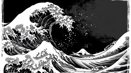 A Japanese great wave sea Japan engraved art design in a vintage woodcut intaglio style  - obrazy, fototapety, plakaty