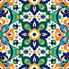 Vibrant Latin Folk Art Pattern with Symmetrical Floral Design.
