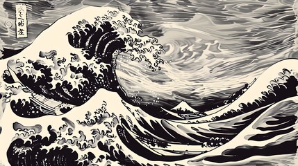 A Japanese great wave sea Japan engraved art design in a vintage woodcut intaglio style 