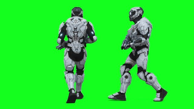 Military futuristic cyborg, robot. Realistic 4k green screen animation.