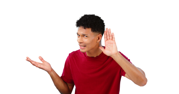 Man, listening and confused with gossip of information for story or secret and curious with questions. Person, hearing and hands for drama of news in discussion from whisper in isolated background