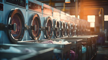 A row of industrial washing machines in a public laundromat
