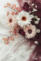 Flowers in a Bouquet Arranged on Top of a White Background Light Maroon and Bronze -Deconstructed Minimalism Vintage Pastel Gothic contrasting Shadows Soft Focus created with Generative AI Technology