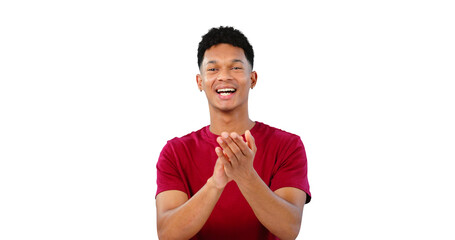Applause, celebration and portrait of man with smile, success and isolated on transparent png...