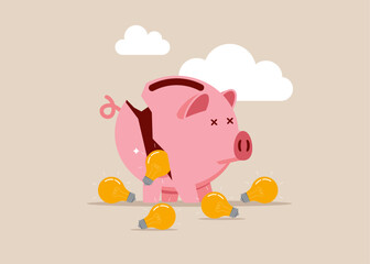 Financial crisis and Global economic money problem. Collapsing piggy bank with light bulbs. Flat vector illustration