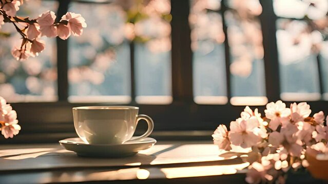 A cup of coffee on the background of sakura