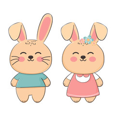 Hand drawn cartoon rabbits, boy and girl