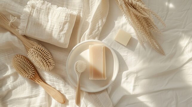 a white plate topped with a piece of cake next to a couple of brushes and a cup of soap on top of a bed.