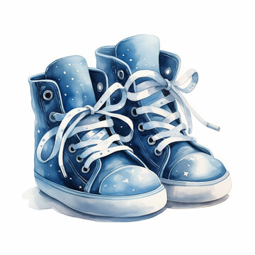 Watercolor blue baby boy shoes isolated. Watercolor blue kid shoes isolated. Watercolor fashion. Watercolor boy shoes.